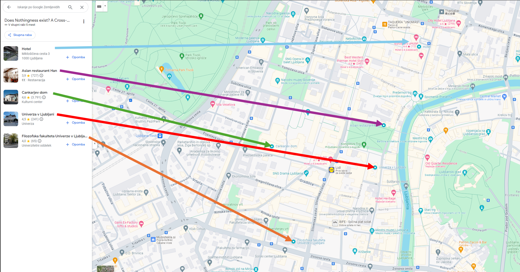 Zemljevid ljubljane, z lokacijami (hotel, restavracija, Cankarjev dom, Univerza v LJubljani, Filozofska fakulteta))