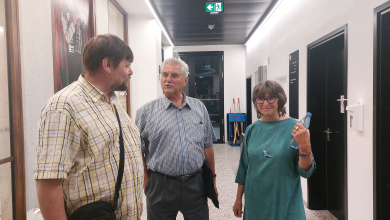 Režiser Igor Šmid, pesnik Andrej Brvar in pesnica Ifigenija Zagoričnik Simonović