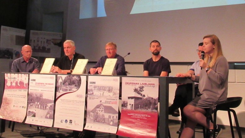 Predstavitev zaključkov projekta v Atriju ZRC. Z desne proti levi: izr. prof. dr. Kornelija Ajlec, doc. dr. Peter Mikša, dr. Rok Ciglič, prof. dr. Božo Repe, asist. dr. Božidar Flajšman in izr. prof. dr. Bojan Balkovec.